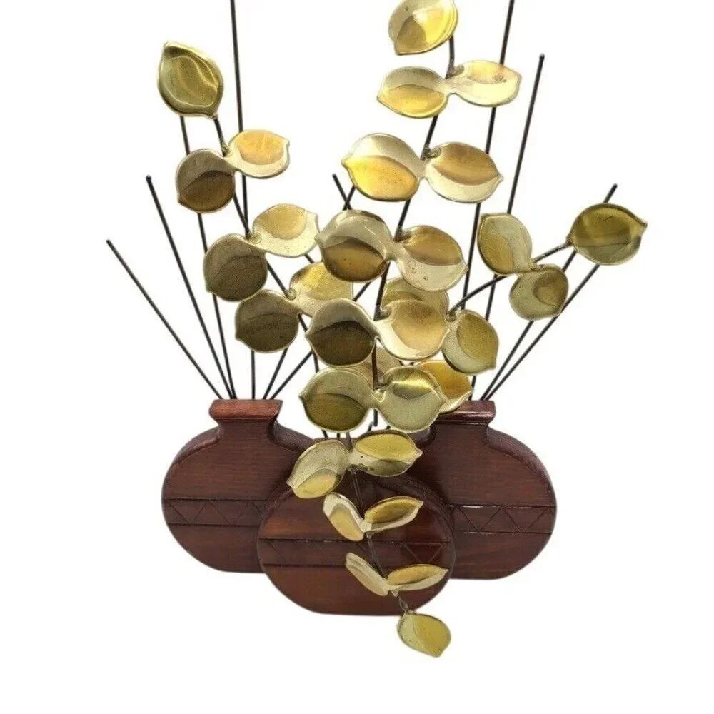 Vintage HOMCO Home Interiors and Gifts Hopi Sculpture Wood Planter Brass Leaves